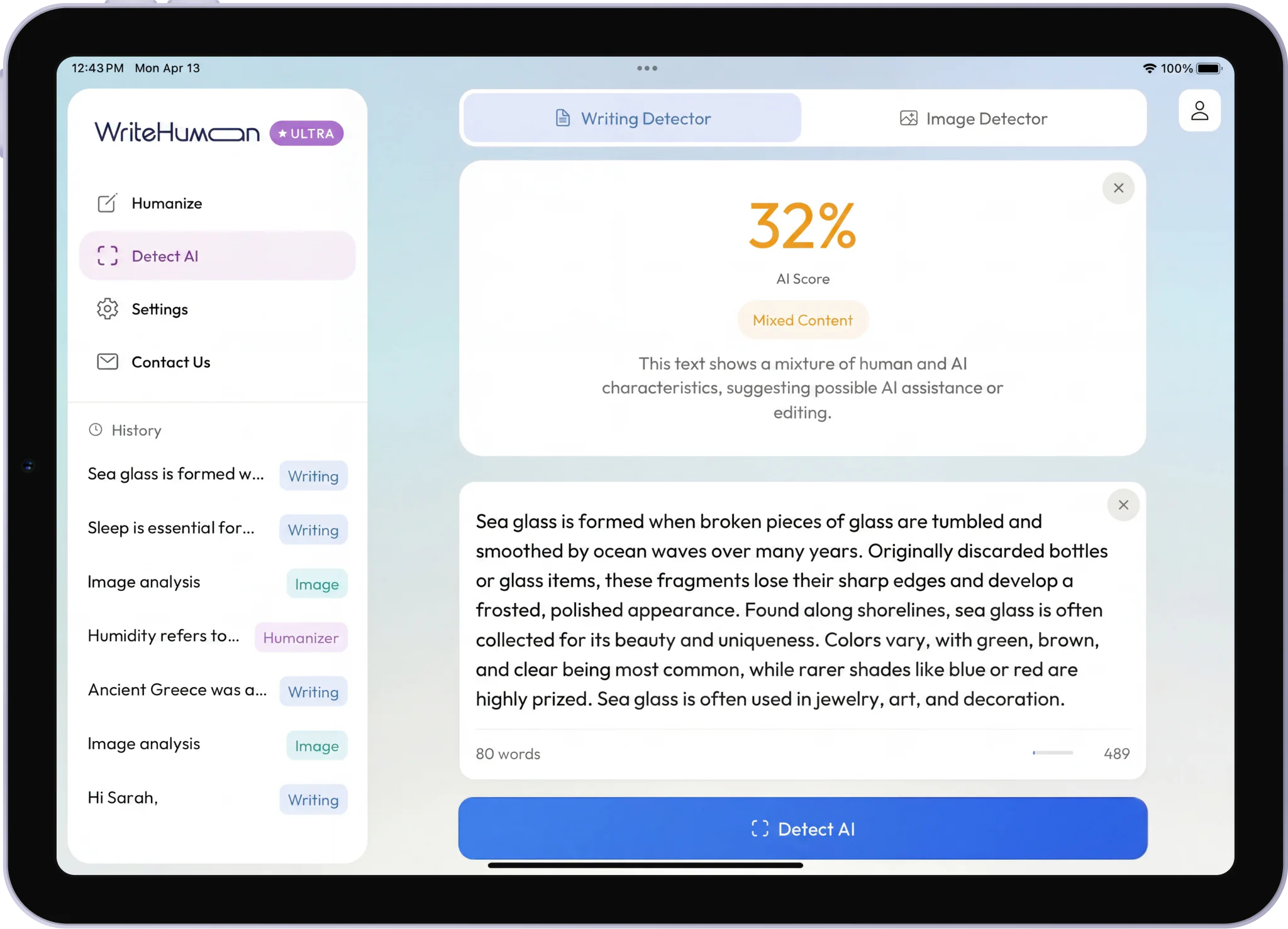 WriteHuman app running on iPad in landscape, showing the AI writing detector with a detailed analysis panel and sidebar history